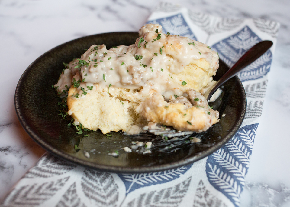 finished recipe for vegan biscuits and gravy