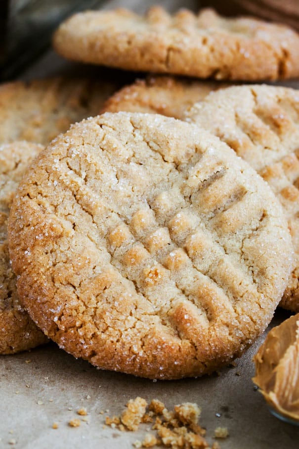 Close up of vegan peanut butter cookies covered in sugar.