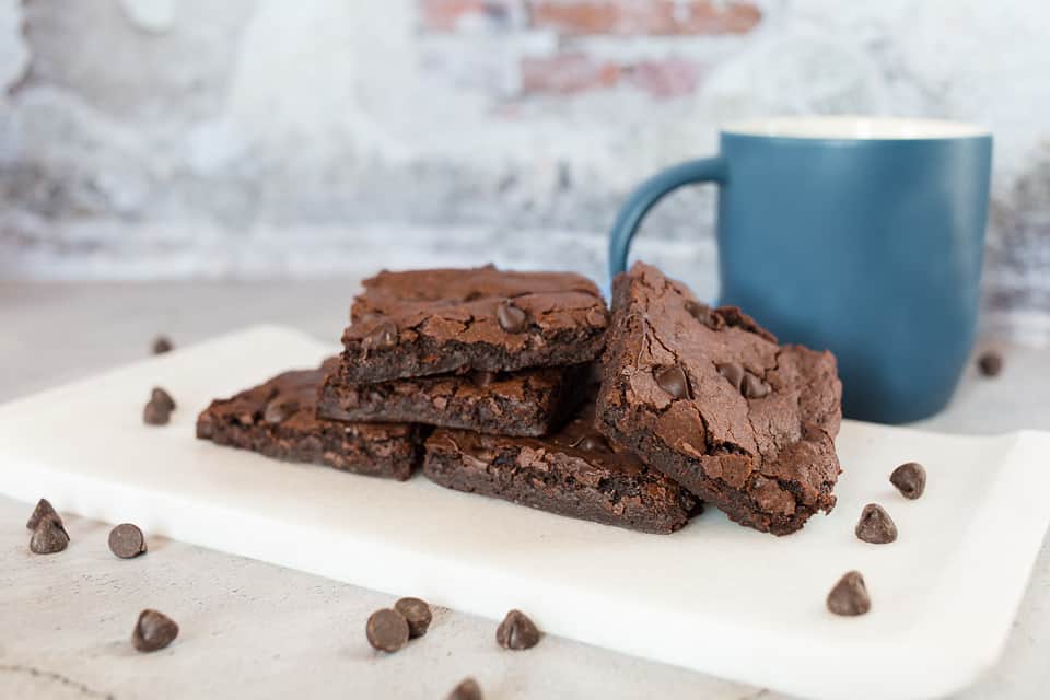 healthy vegan brownie recipe with blue mug