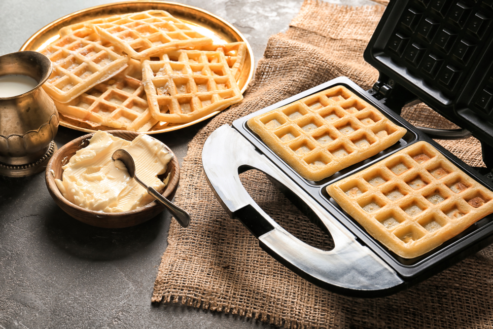 double waffle maker with removable plates with butter and milk