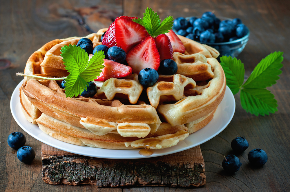 completed waffle with blueberries and fruit