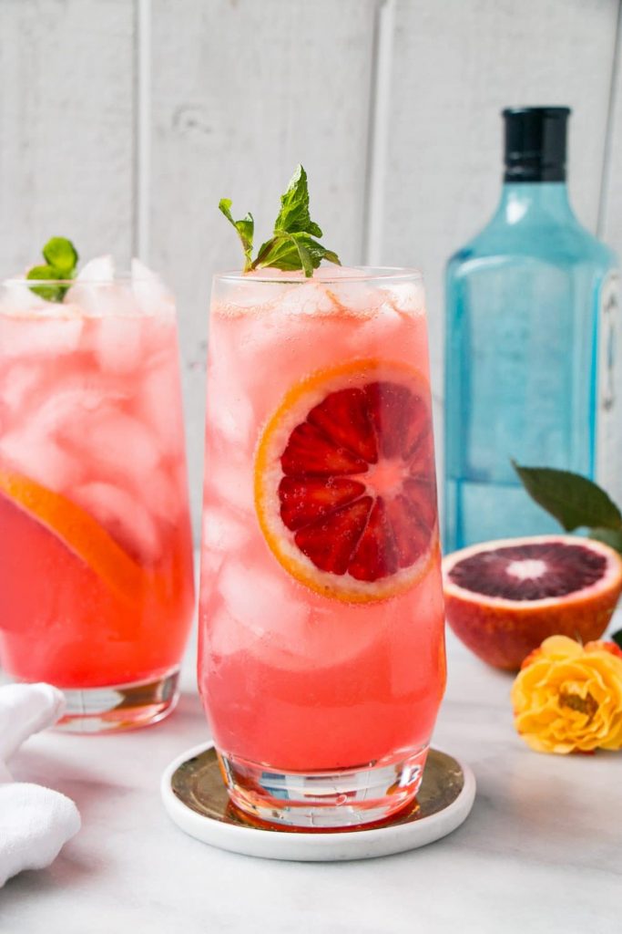 Photo of two blood orange gin and tonic cocktails being served with blood orange slices over ice. 