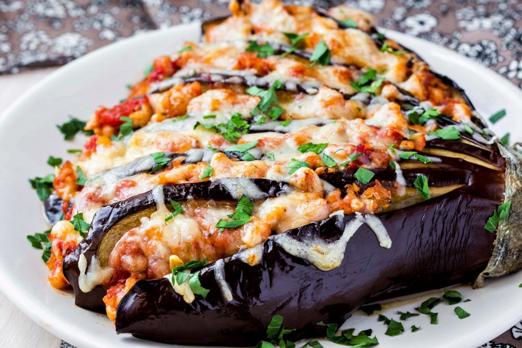 Photo of stuffed eggplant, one of many vegan Italian recipes. 