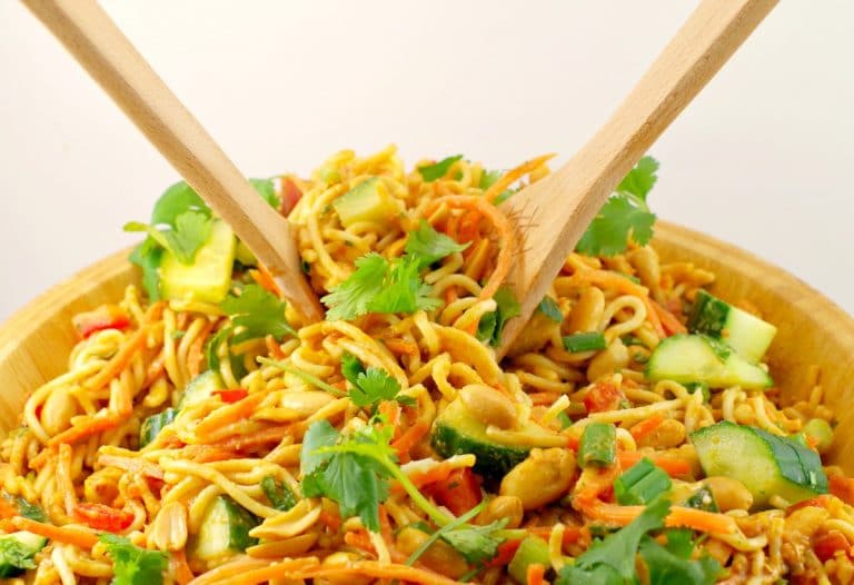 Use leftover spaghetti to make this spicy peanut pasta salad