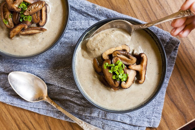 Photo of cream of mushroom soup, another classic staple among vegan soup recipes. 