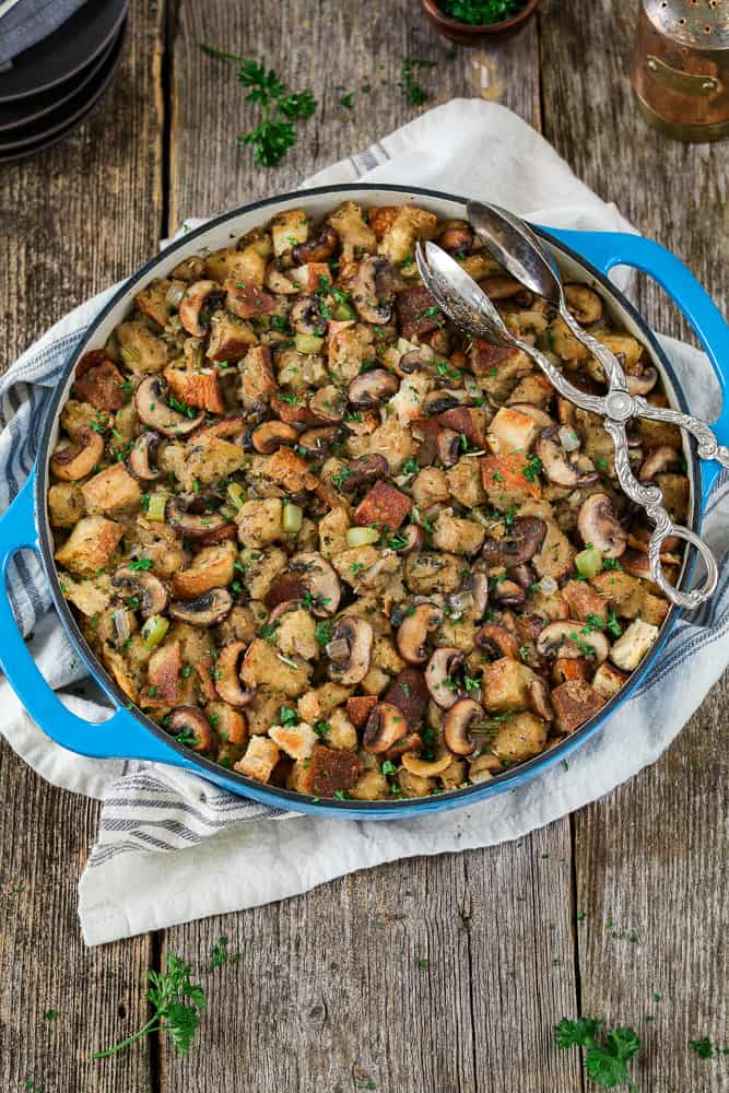 Photo of a large side dish serving vegan sourdough bread stuffing. 