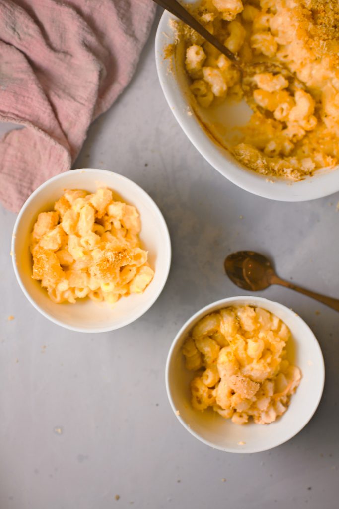 two cups of vegan mac and cheese