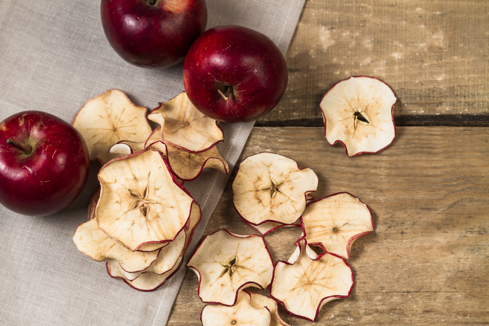 photo shows dehydrated apples made in a food dehydrator.