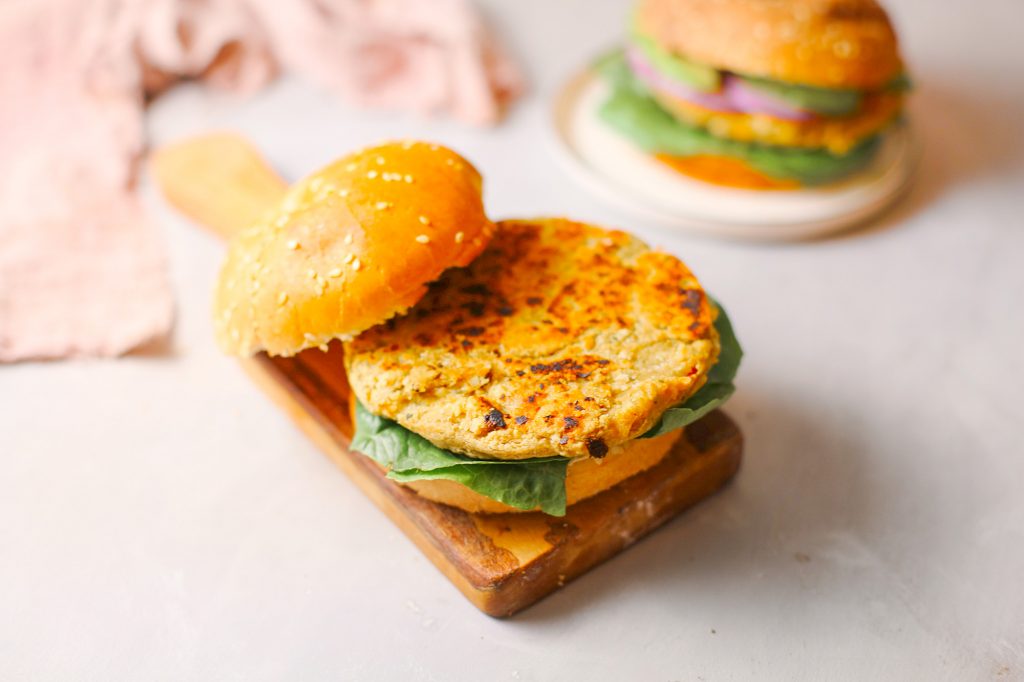 close up photo of vegan chickpea patty for veggie burger