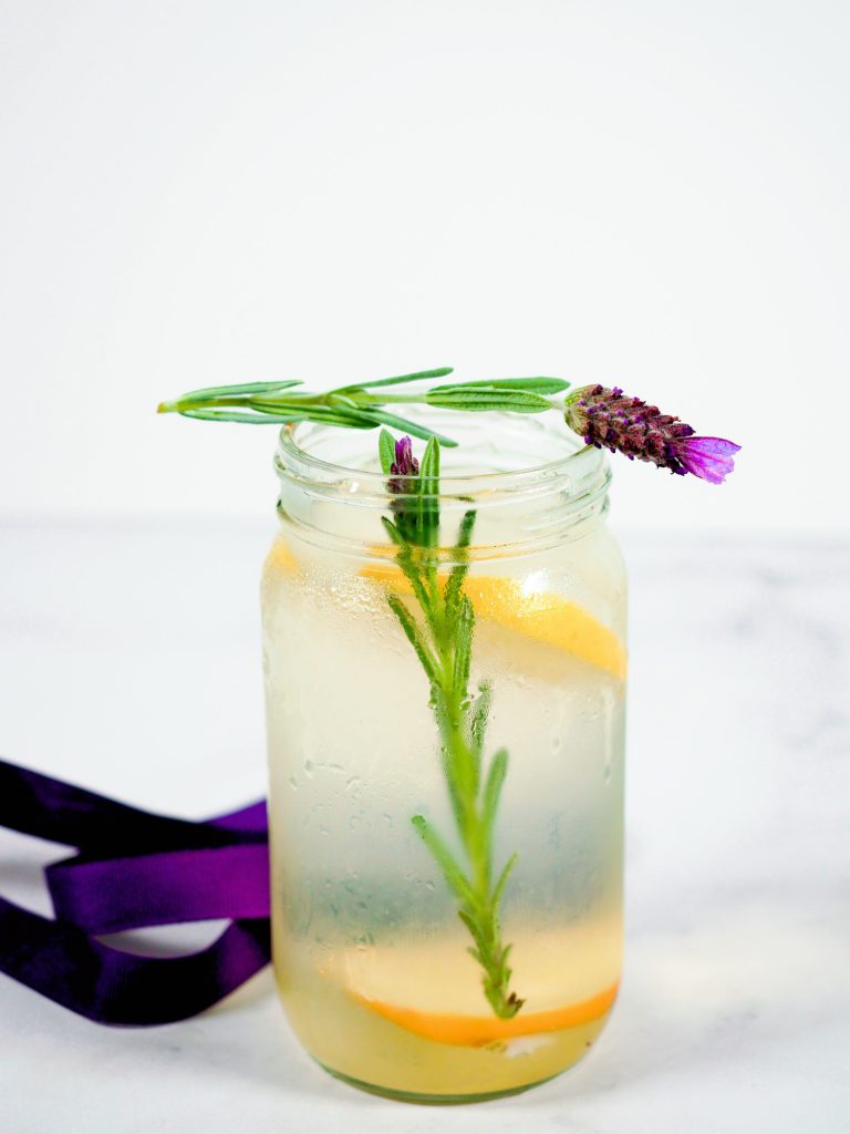 finished lavender lemonade with purple ribbon