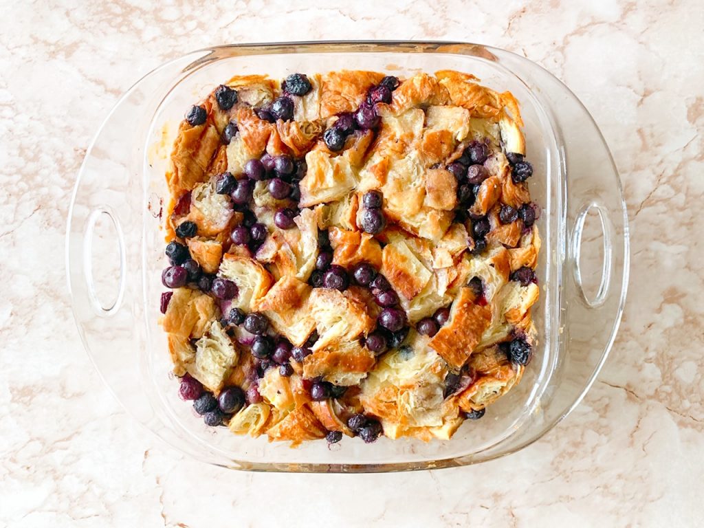 vegan bread pudding in baking dish