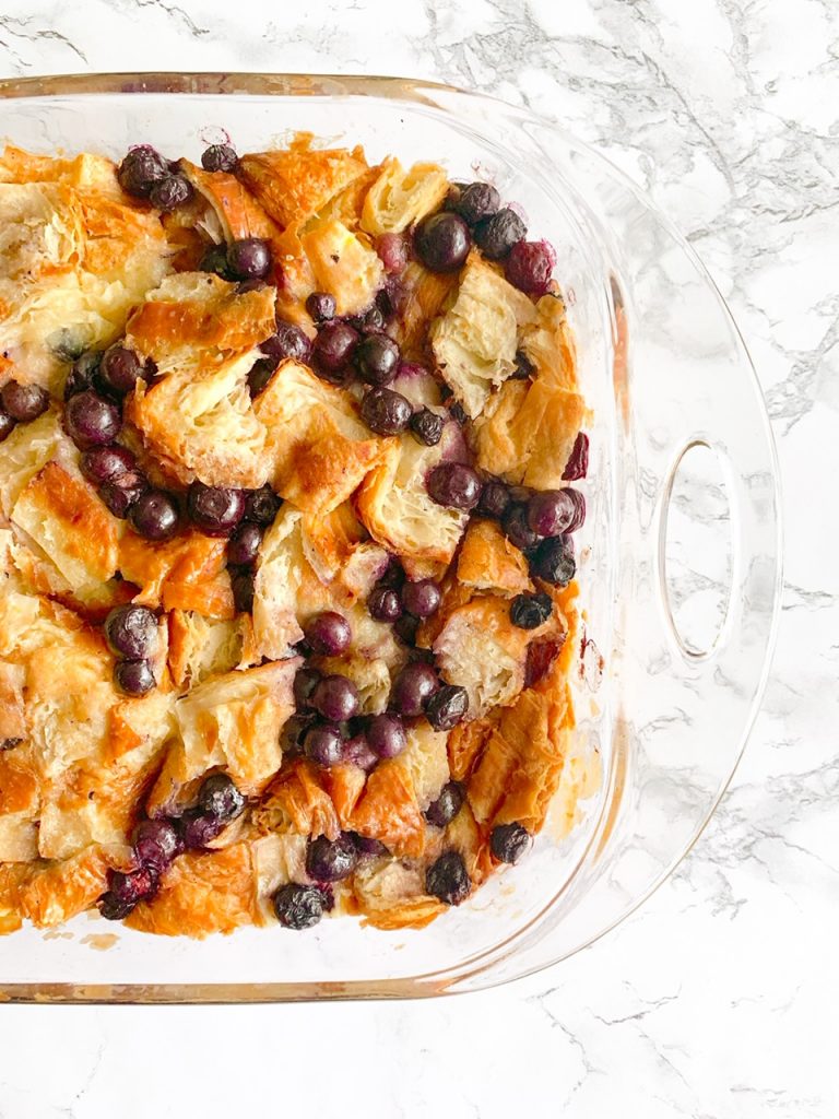 side of pan of vegan bread pudding recipe