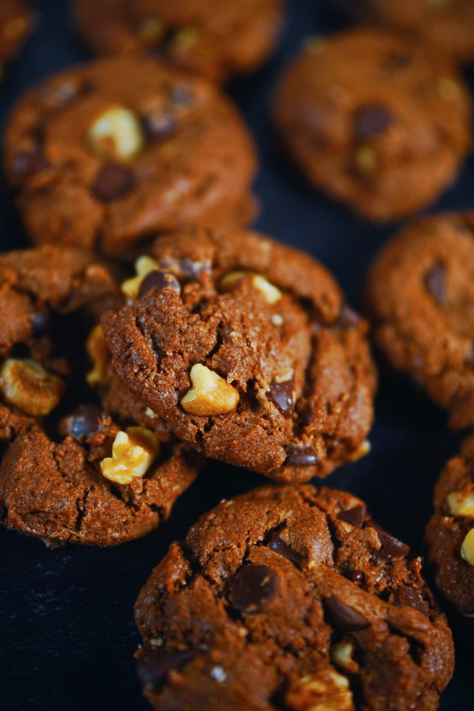 close up of vegan chocolate cookies on tray