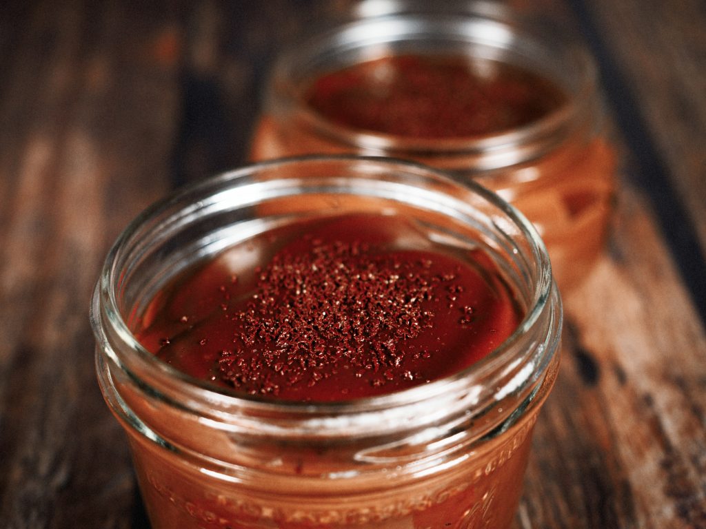 close-up photo of dairy-free vegan chocolate pudding in small cup