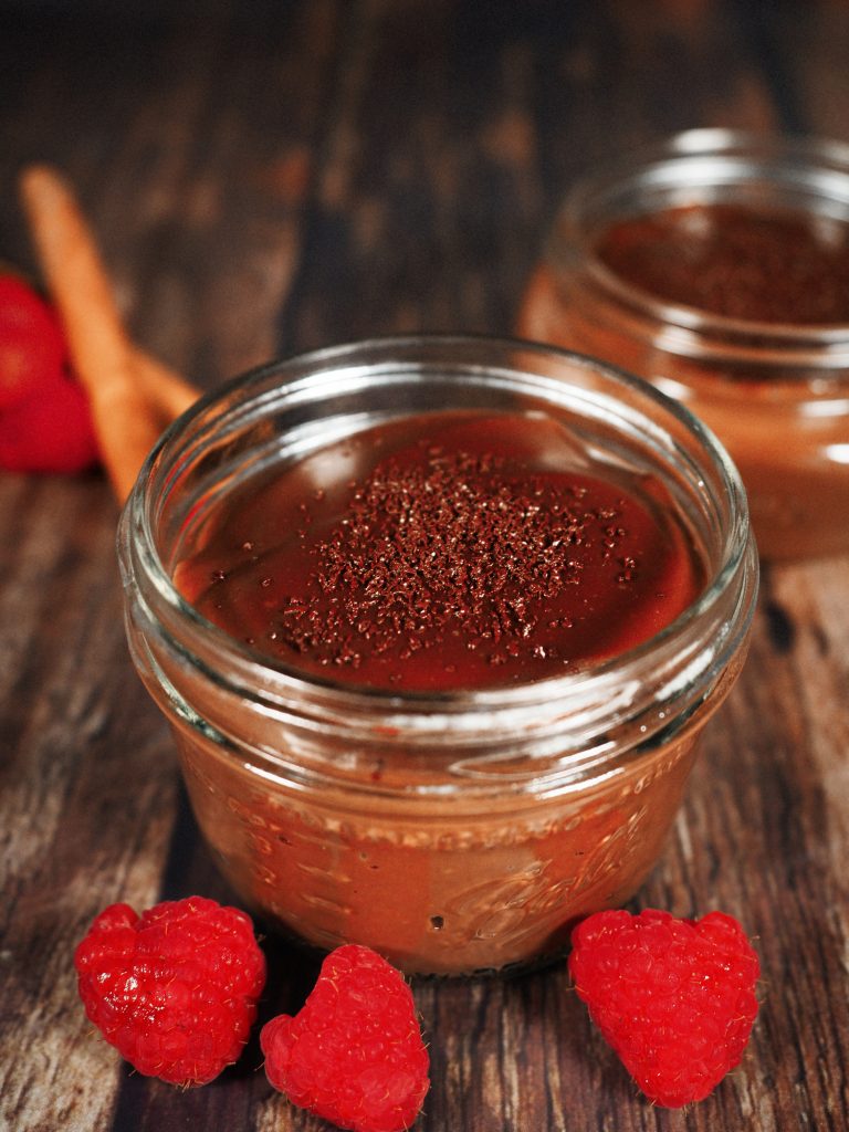 dark chocolate vegan pudding with fresh fruit