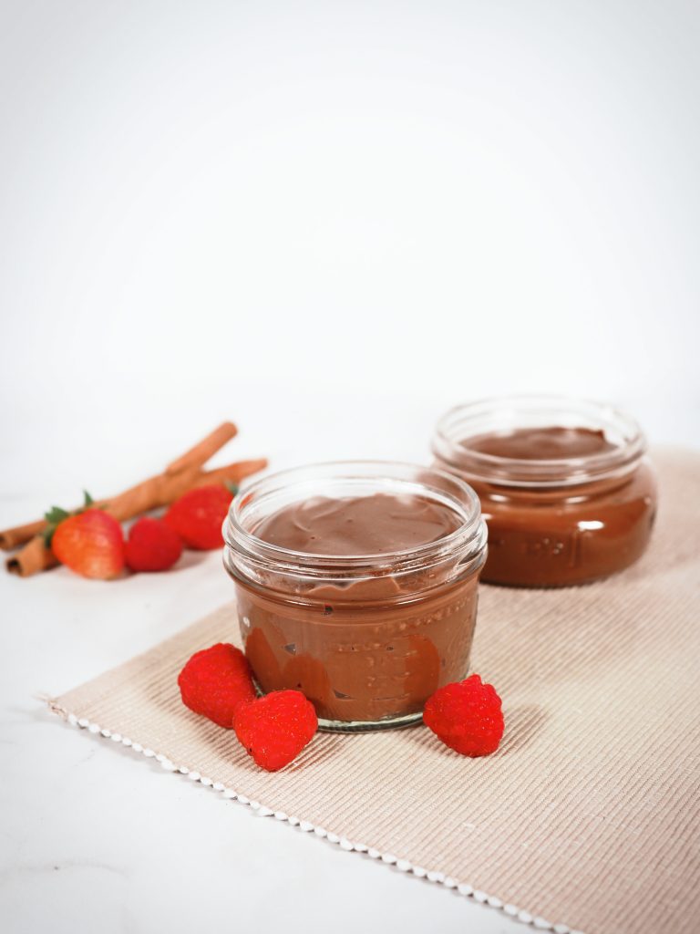finished dairy-free vegan chocolate pudding recipe with fresh fruit