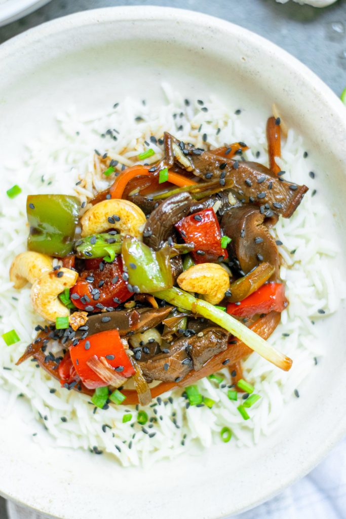 above view of Kung Pao vegetables over rice