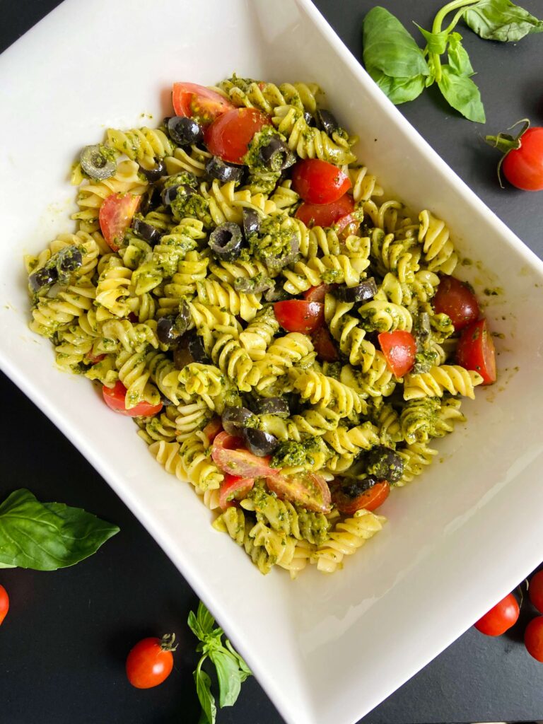 Fill this pesto pasta salad with yummy veggies