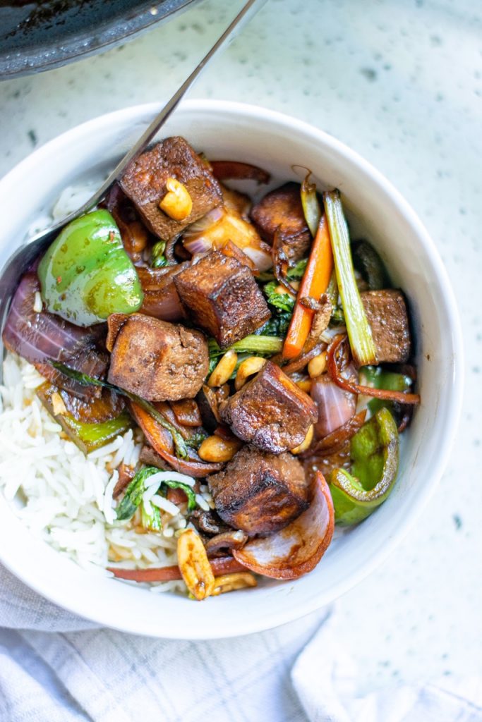 side of a bowl of kung pao tofu