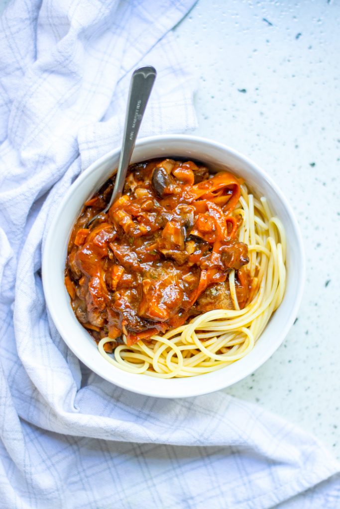 far away photo of vegan bolognese pasta