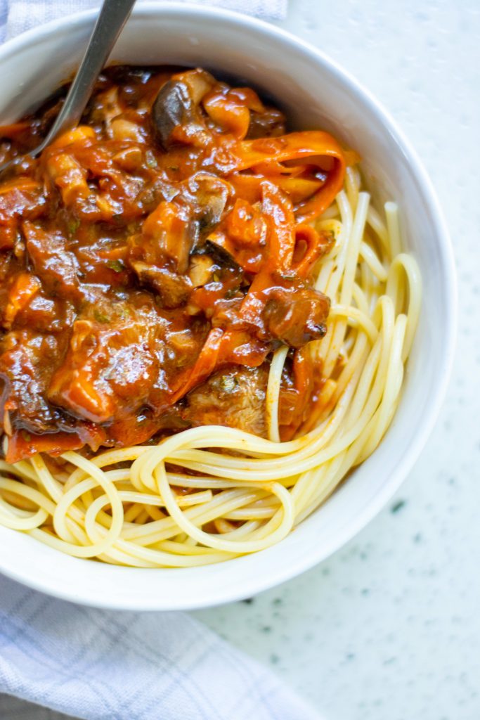 side view of a bowl of vegetarian bolognese 