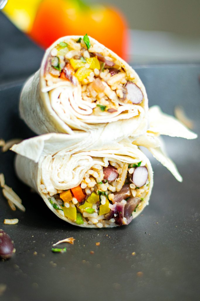 vegan burrito stacked on top of each other