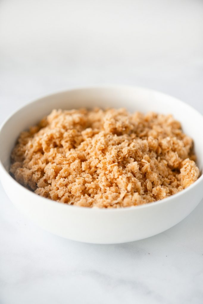 vertical photo of vegan crumble topping