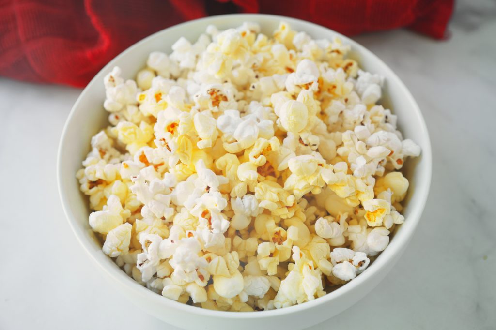 close up of vegan butter popcorn in bowl