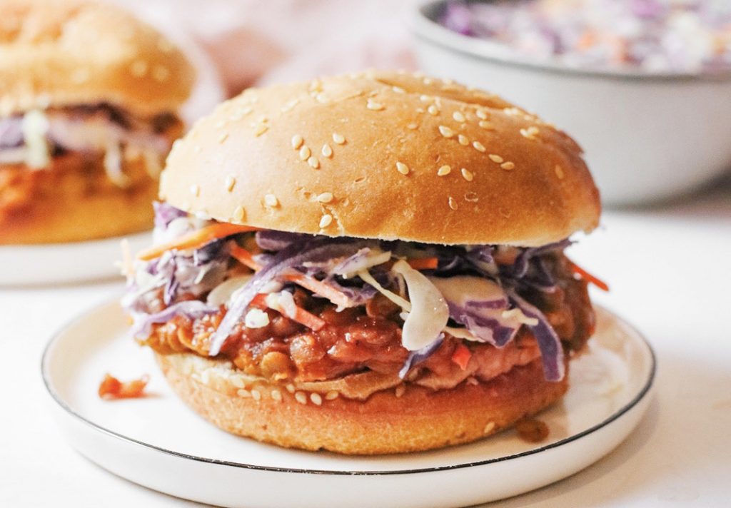 close up of lentil sloppy joes in a bun