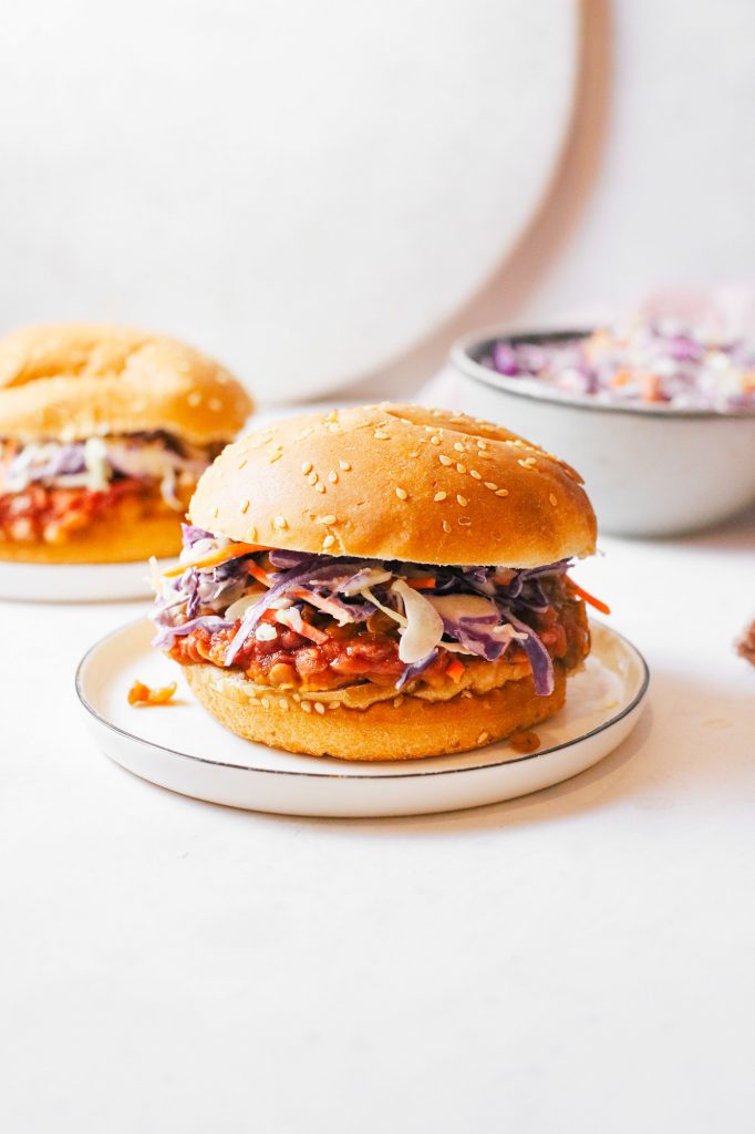 vegan sloppy joes on a bun with cole slaw