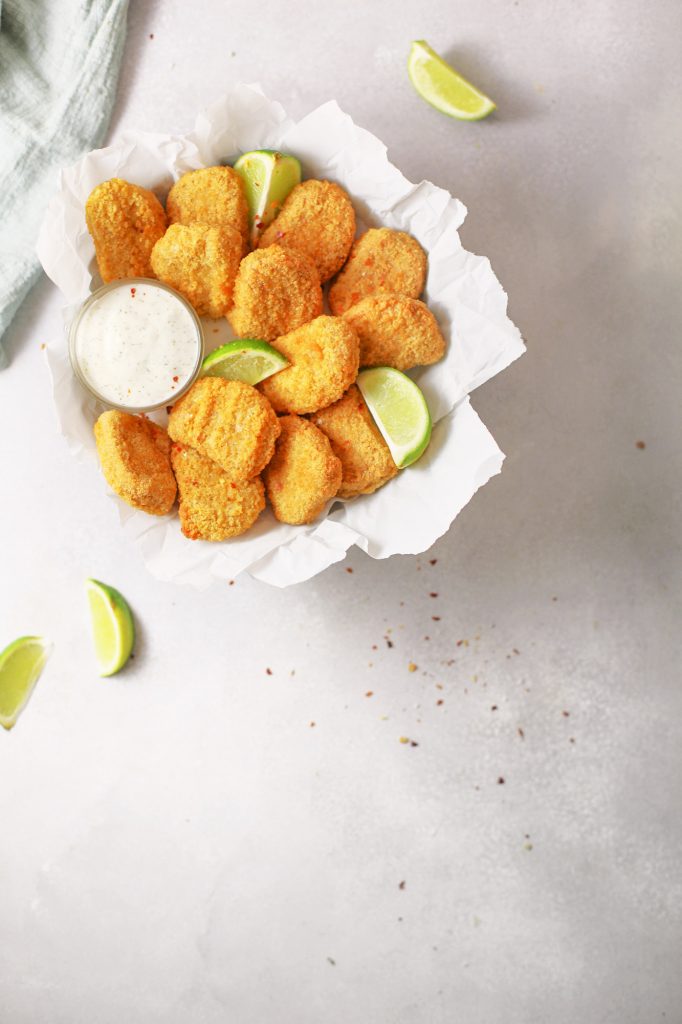 above photo of tofu chicken nuggets in basket