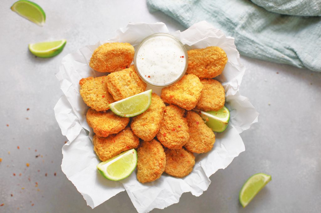 photo of crispy baked tofu nuggets with limes