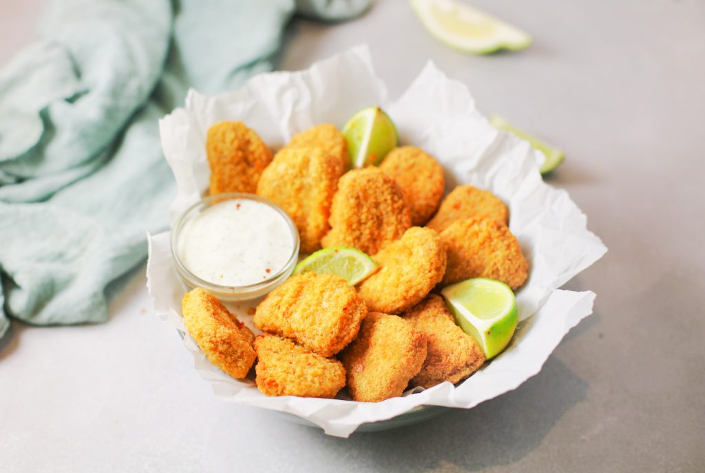 vegan baked tofu chicken nuggets in bowl