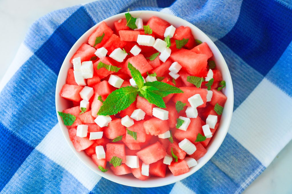 above photo of watermelon salad with vegan feta and mint