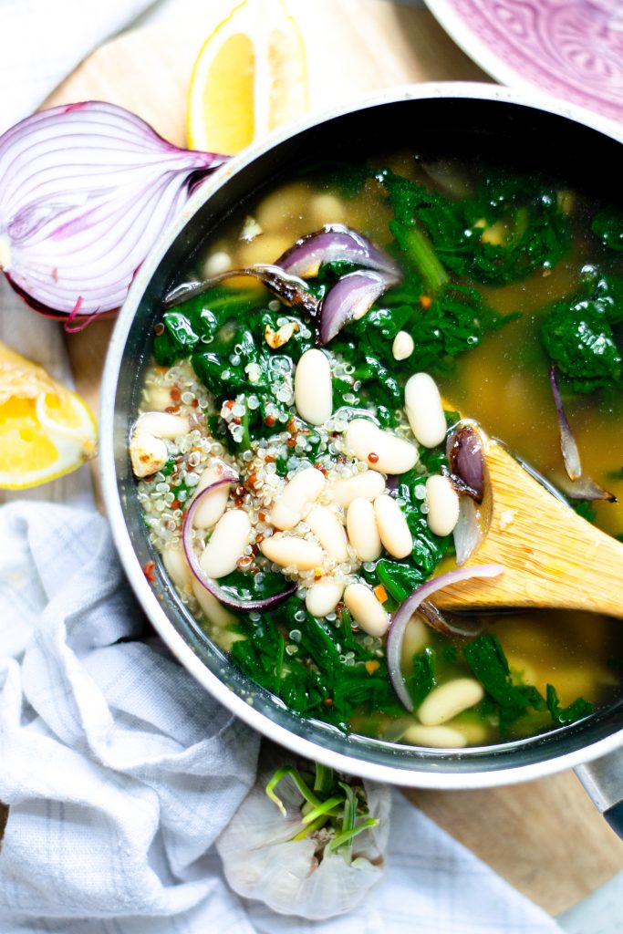 simmering pot of vegan white bean soup
