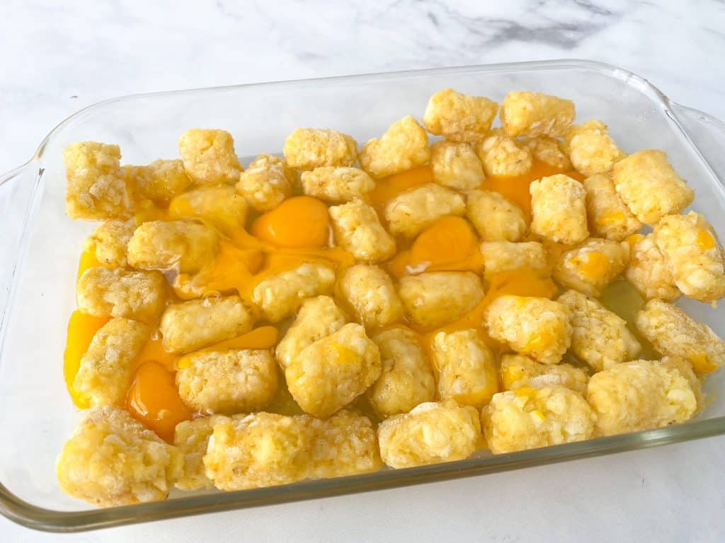 tater tots and eggs in casserole dish