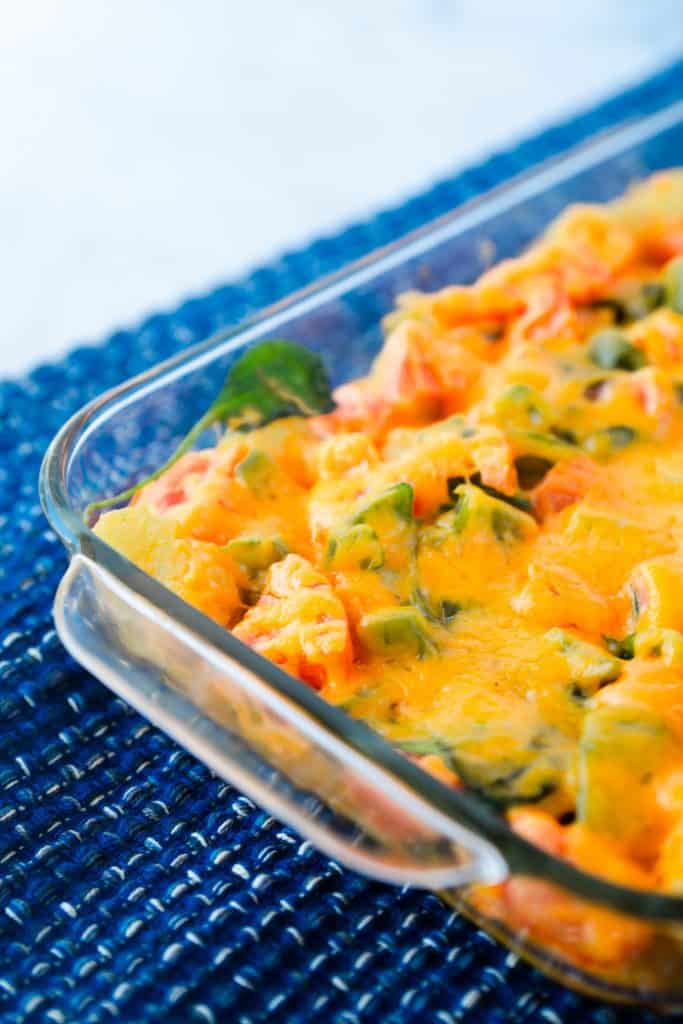 close up photo of vegetarian egg casserole in baking dish