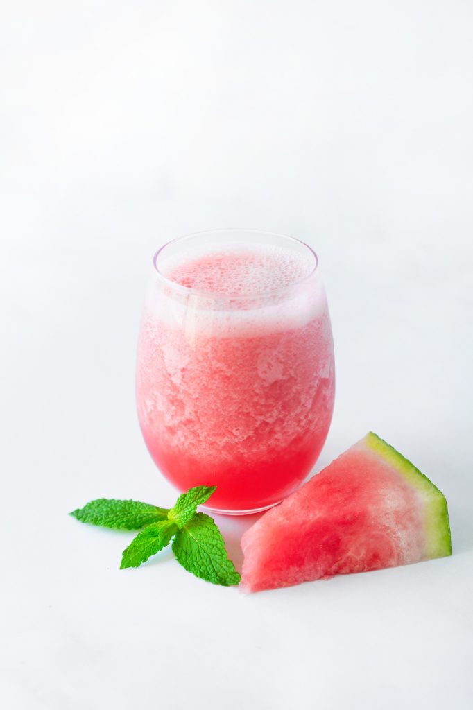 watermelon strawberry smoothie with garnishes