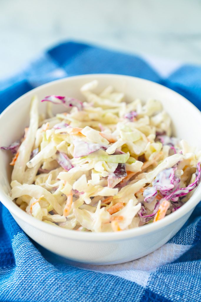 vegan coleslaw on blue towel