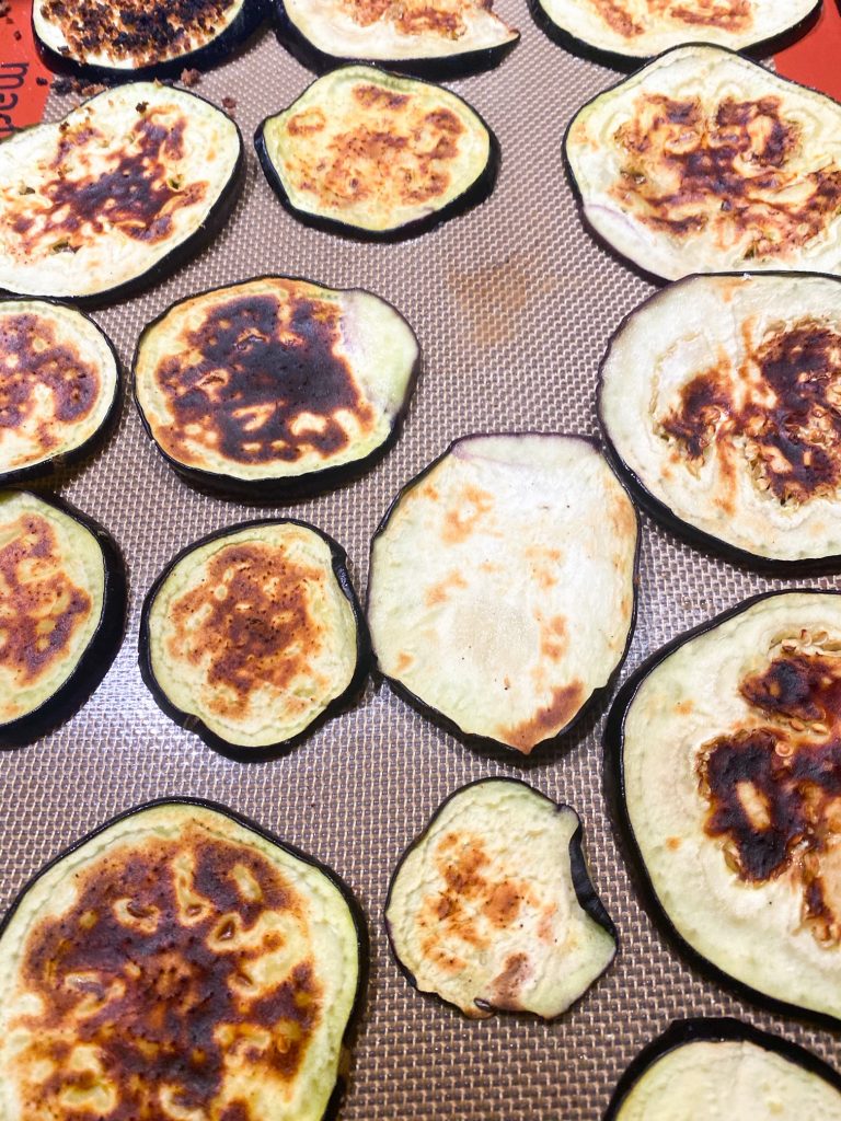 roasted eggplant on a baking dish