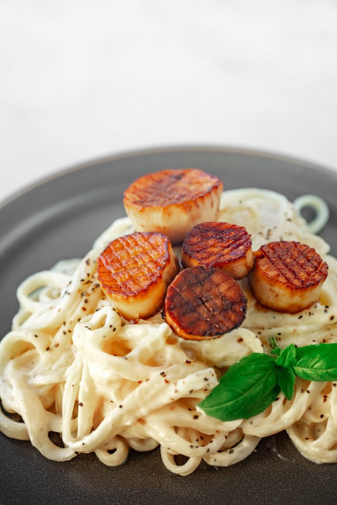 king oyster mushroom scallops on vegan alfredo pasta