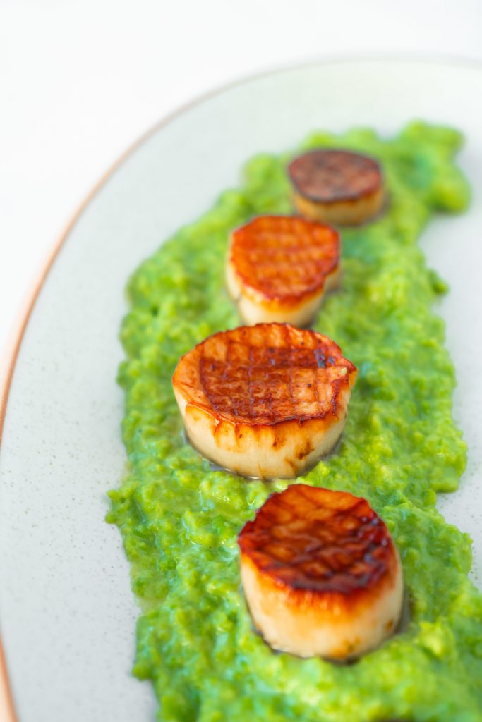 pan seared vegan scallops with pea puree