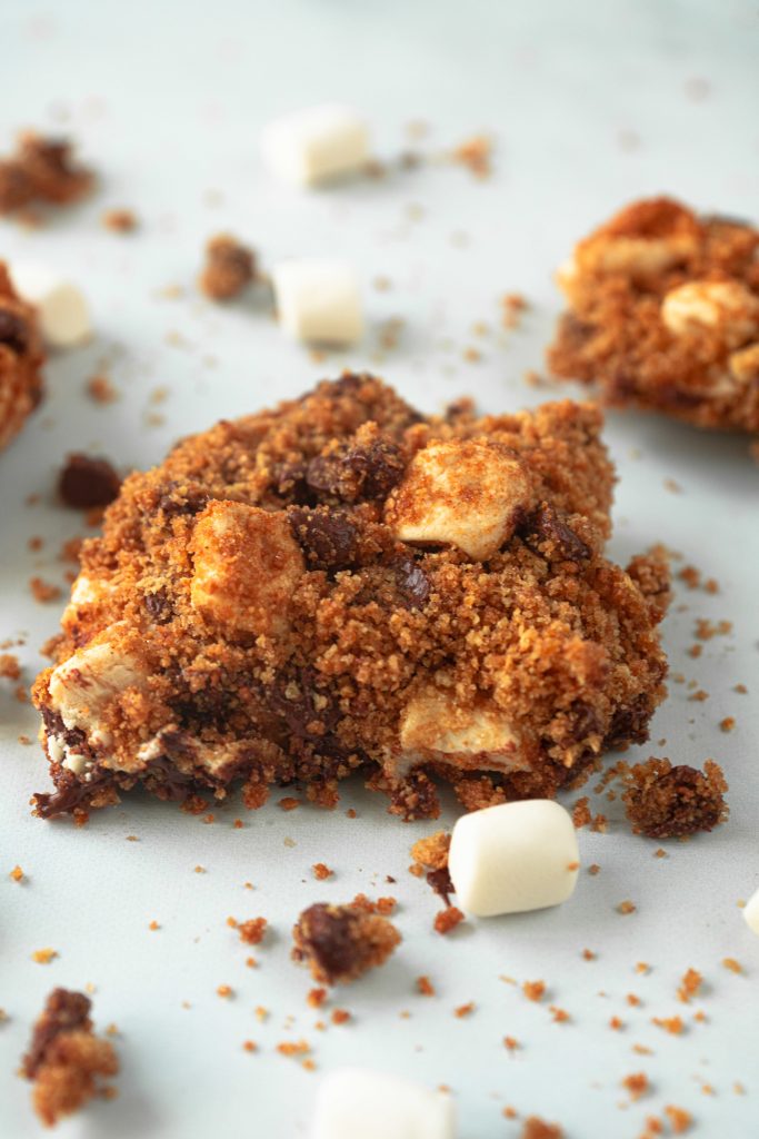 close up of vegan smores bar crumbled on counter top