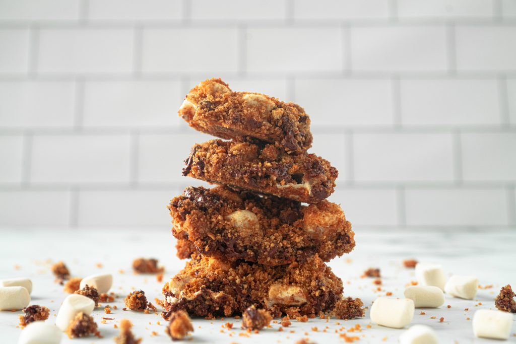 ground up view of stacked vegan smores bars