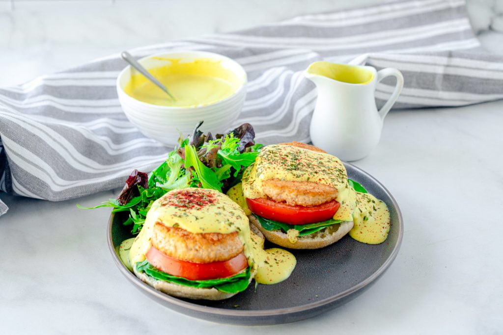 two vegan eggs benedict on a plate