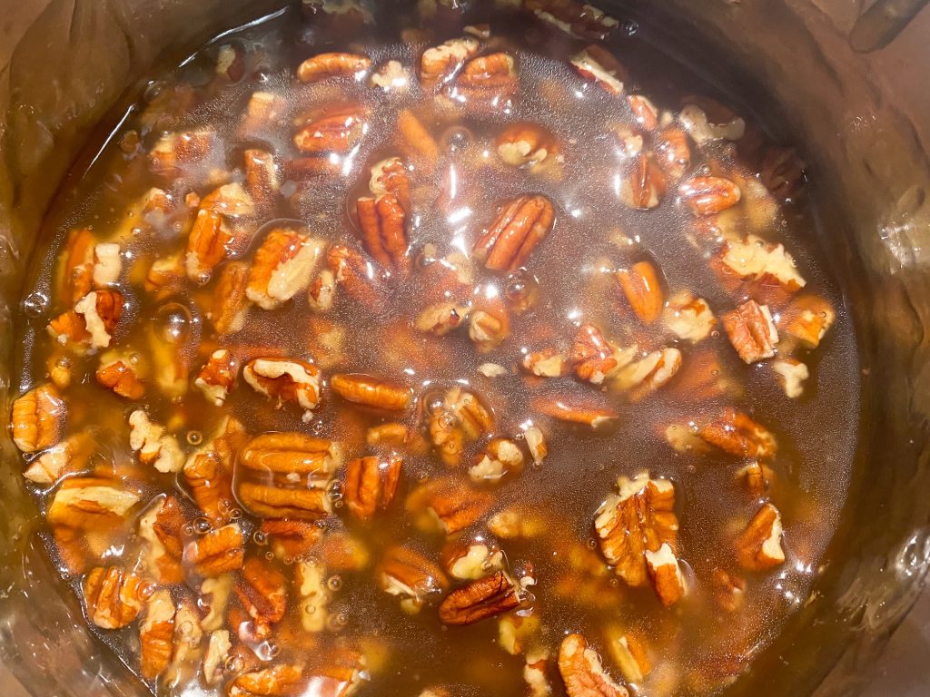 pecan pie filling in pot on the stove