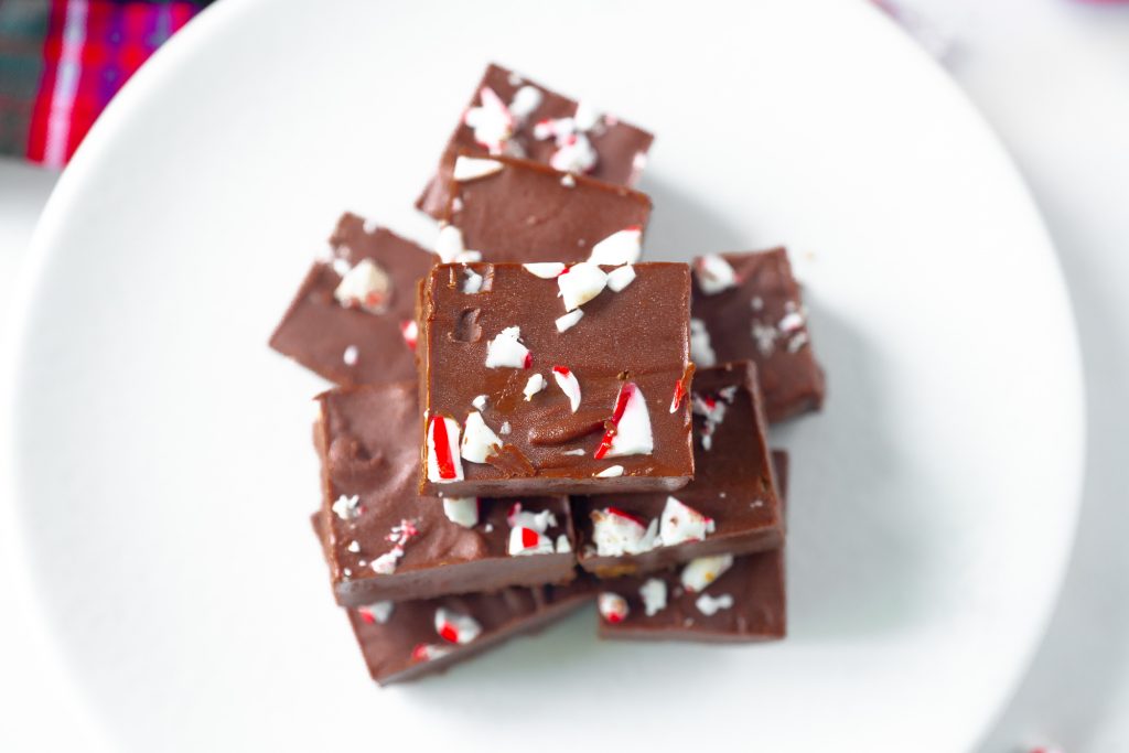 vegan candy cane fudge on serving dish