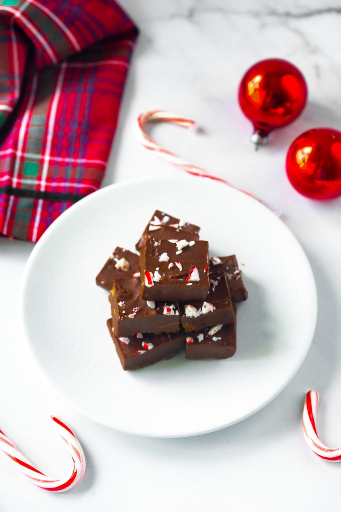 vegan candy cane fudge on serving platter