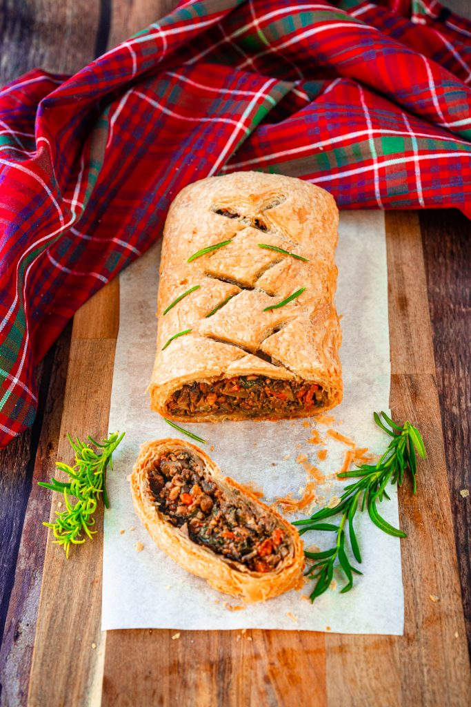 vegan wellington from above with browned crust