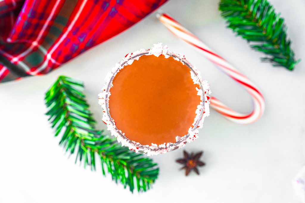 chocolate peppermint martini from above with peppermint rimmed serving glass